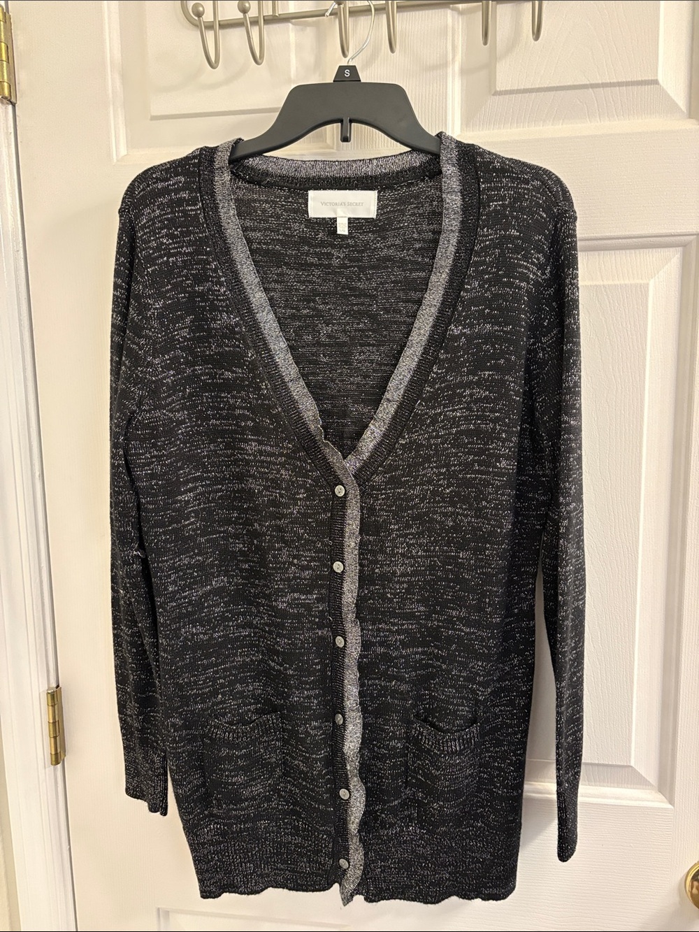 Victoria's Secret Black Heather Long Button Cardigan with Gray Trim
